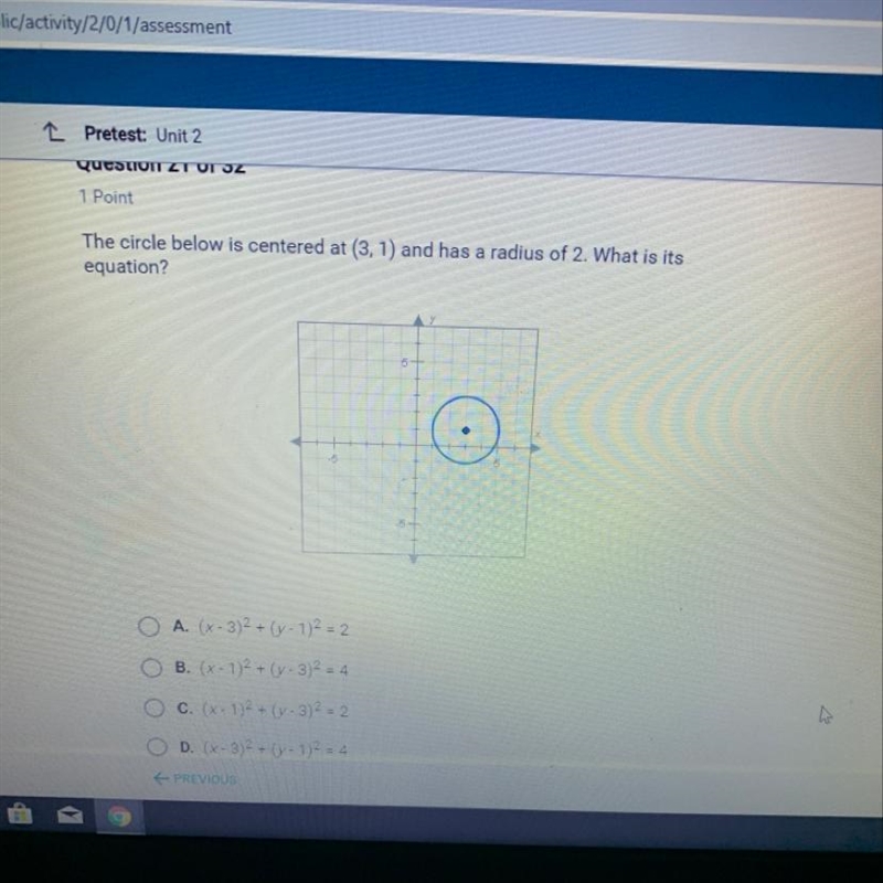 The circle below is centered at (3, 1) and has a radius of 2. What is its equation-example-1