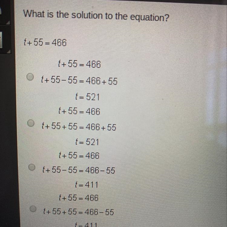 What is the solution to the equation t+55=466-example-1