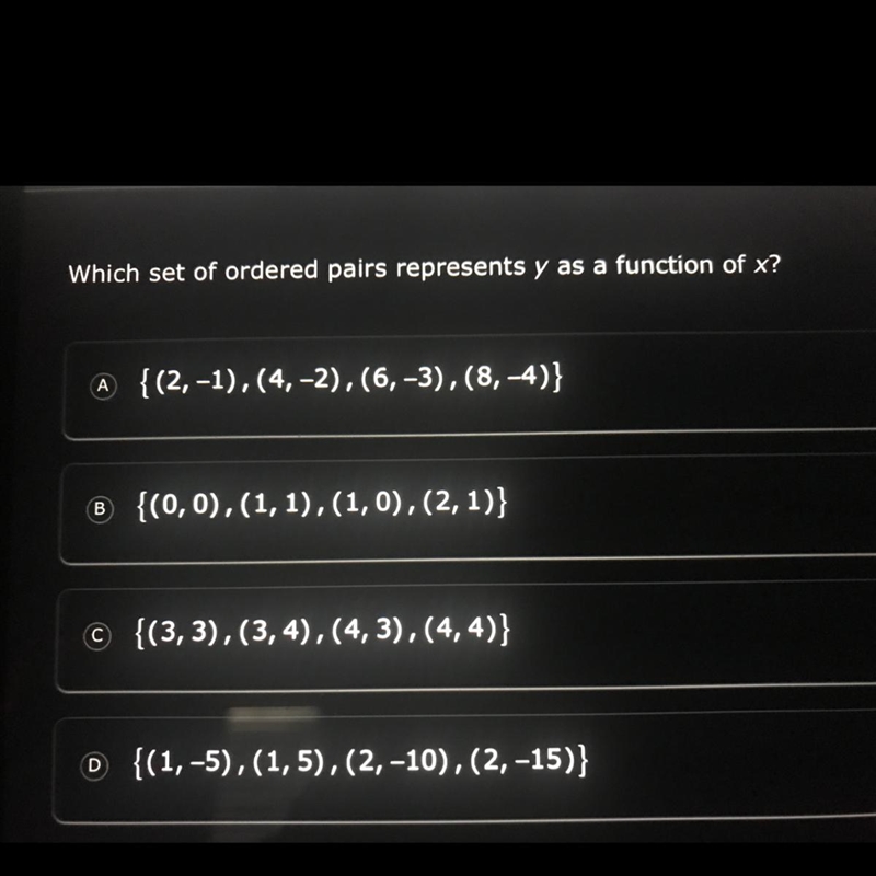 Which set of ordered pairs represents y as a function of x?-example-1