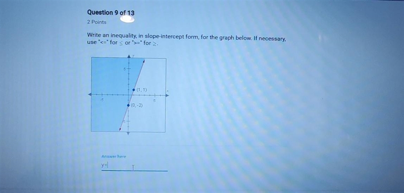 Write an inequality, in slope-intercept form, for the graph below. If necessary. use-example-1