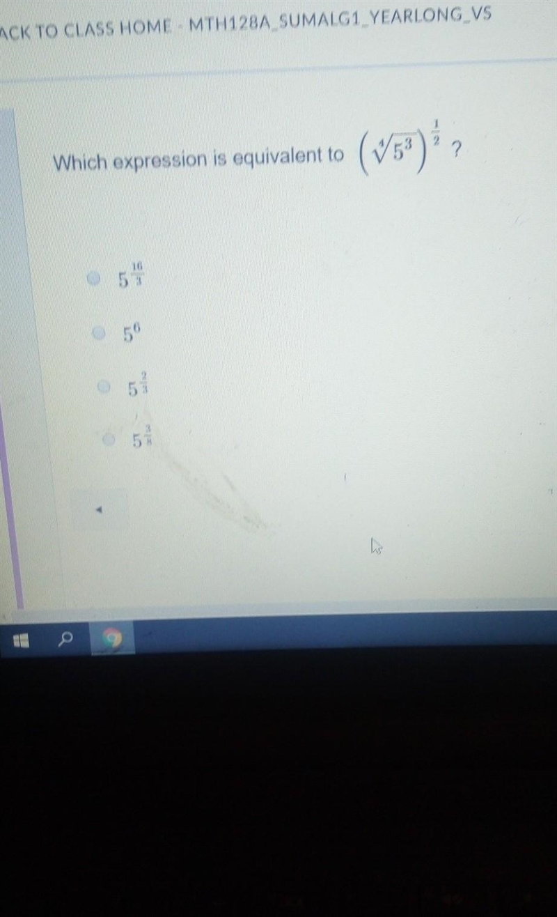 Which expression is equivalent to (⁴√5³)1/2​-example-1