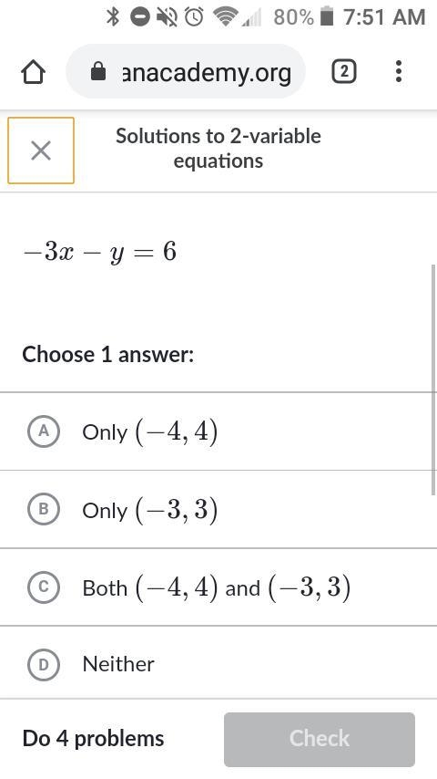 Which ordered pair is a solution of the equation? -3x-y=6-example-1