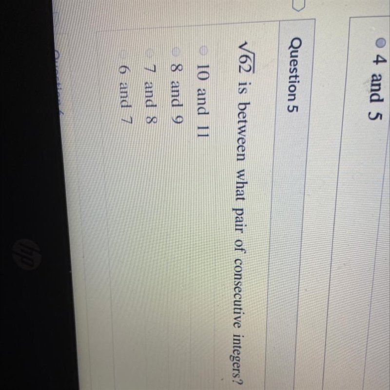 V62 is between what pair of consecutive integers? 10 and 11 8 and 9 7 and 8 6 and-example-1