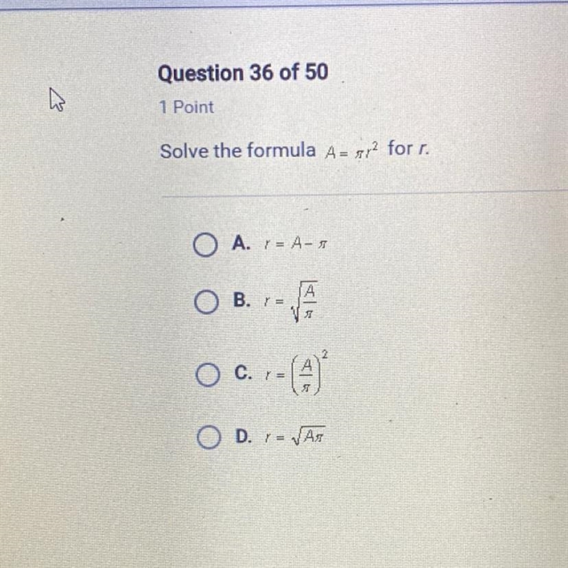 Solve the formula A= 8/2 for r.-example-1