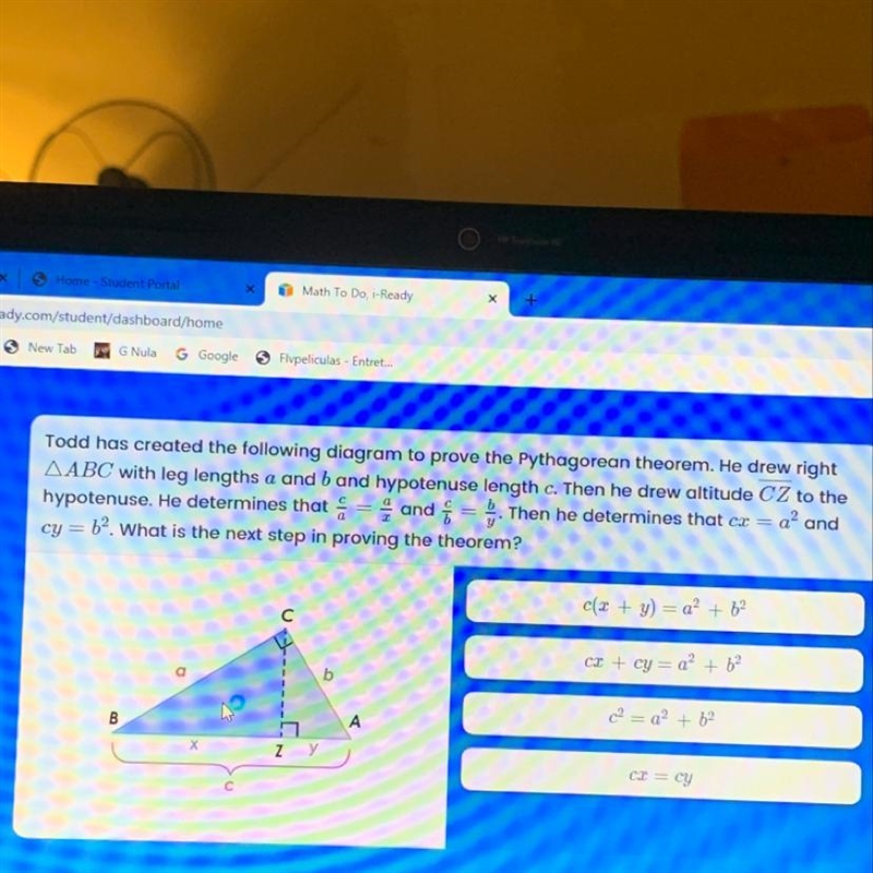 Todd has created the following diagram to prove the Pythagorean theorem. He drew (triangle-example-1