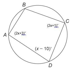 Quadrilateral ABCD is inscribed in a circle. Find the measure of each of the angles-example-1