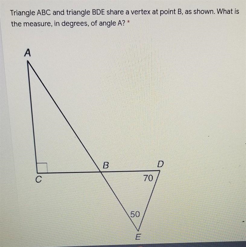 Triangle ABC and triangle BDE share a vertex at point B, as shown. What is the measure-example-1