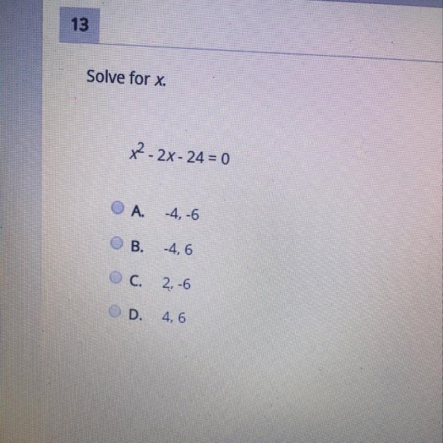 Solve for x. X^2 -2x- 24=0-example-1