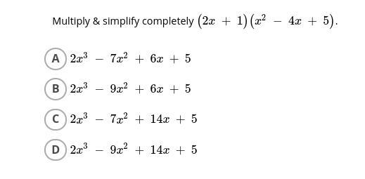 Multiply & simplify completely (2x + 1)(x2 − 4x + 5) (Please and thank you!)-example-1