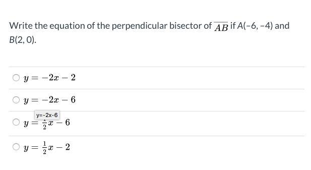 NEED HELP ASAP!!! Write the equation of the perpendicular bisector of \overline{AB-example-1