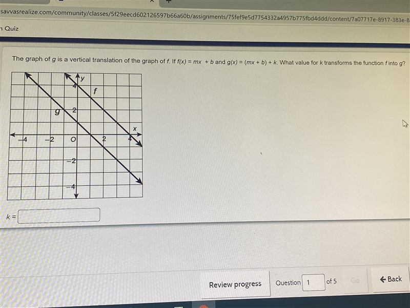 The graph of g is vertical translation graph of f. f(x) = mx + b g(x) = (mx + b) + k-example-1