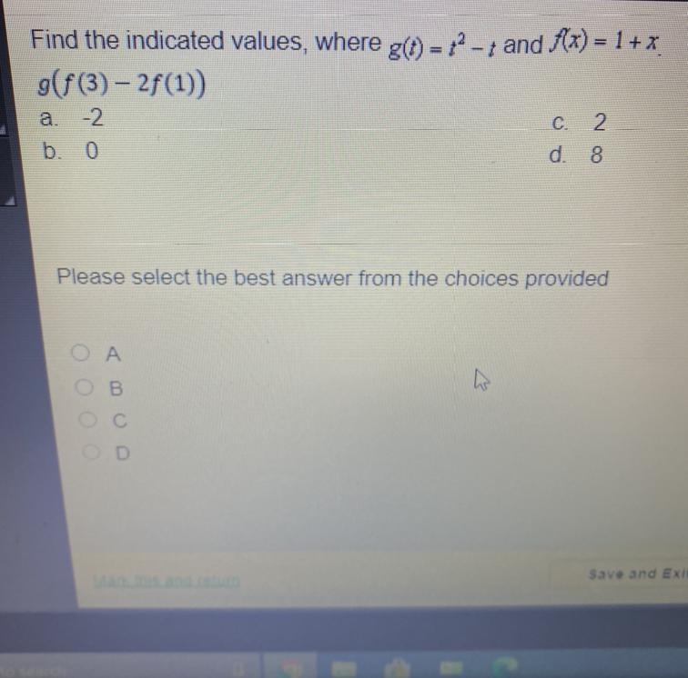 Find the indicated values, where g(t) = t^2 - t and f(x) = 1 + x g(f(3)-2f(1))-example-1