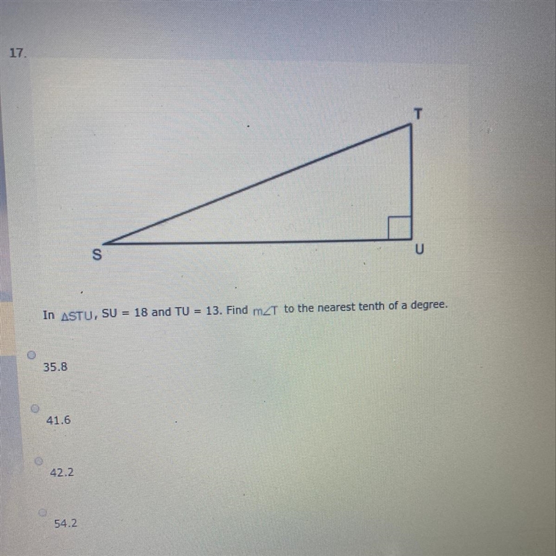 In STU, SU =18 and TU =13. Find m-example-1