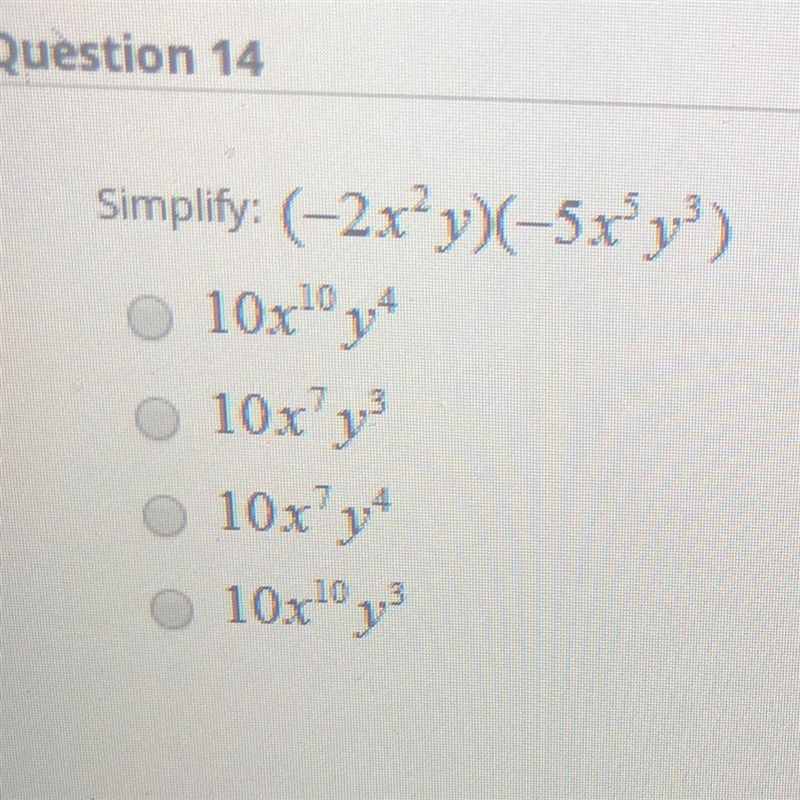 Simplify: (–2x+y)(-58 y) O 10x10, 10xv2 10xy 10x10 ,-example-1