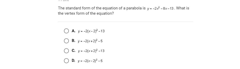 The standard form of the equation of a parabola is y-2x2 - 8x-13. What is the vertex-example-1