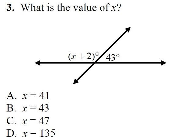 3. What is the value of x? x = 41 x = 43 x = 47 x = 135-example-1