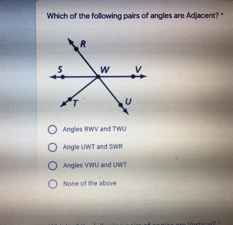 Which of the following pairs of angles are Adjacent?* Please help meee-example-1