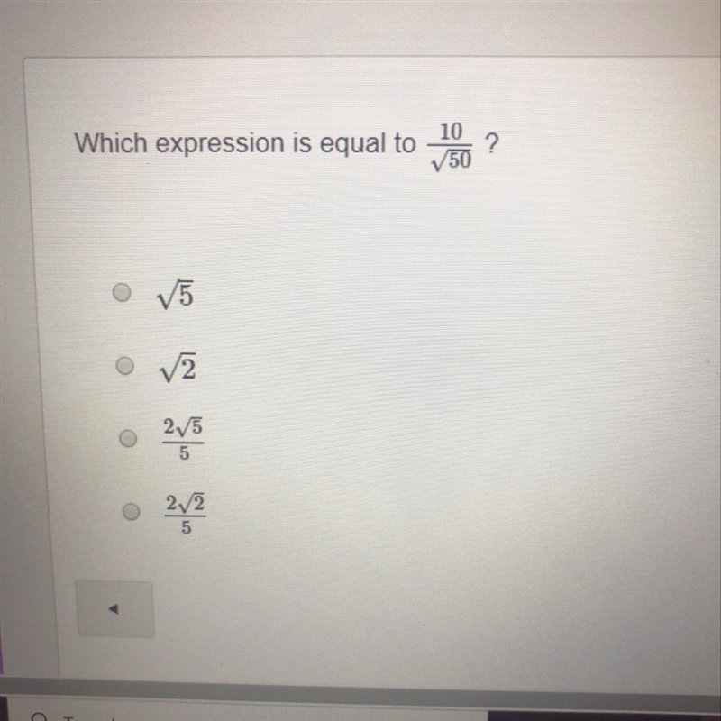 Which expression is equal to 10/√50 Please show work thx:)-example-1