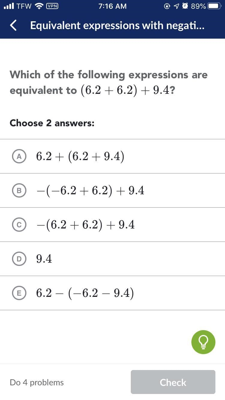 Which of the following expressions are equivalent to (6.2+6.2)+9.4-example-1