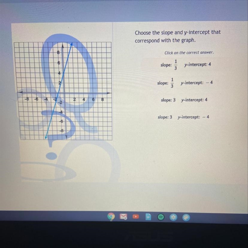 Choose the slope and y-intercept that corresponds with the graph.-example-1