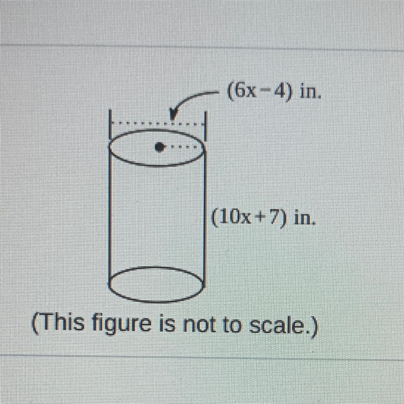 The diameter of a cylinder is (6x-4) in. And the height of the cylinder is (10x+7)in-example-1