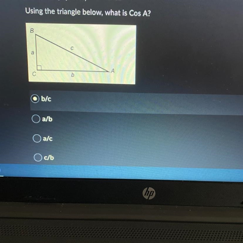 Using the triangle below, what is Cos A?-example-1