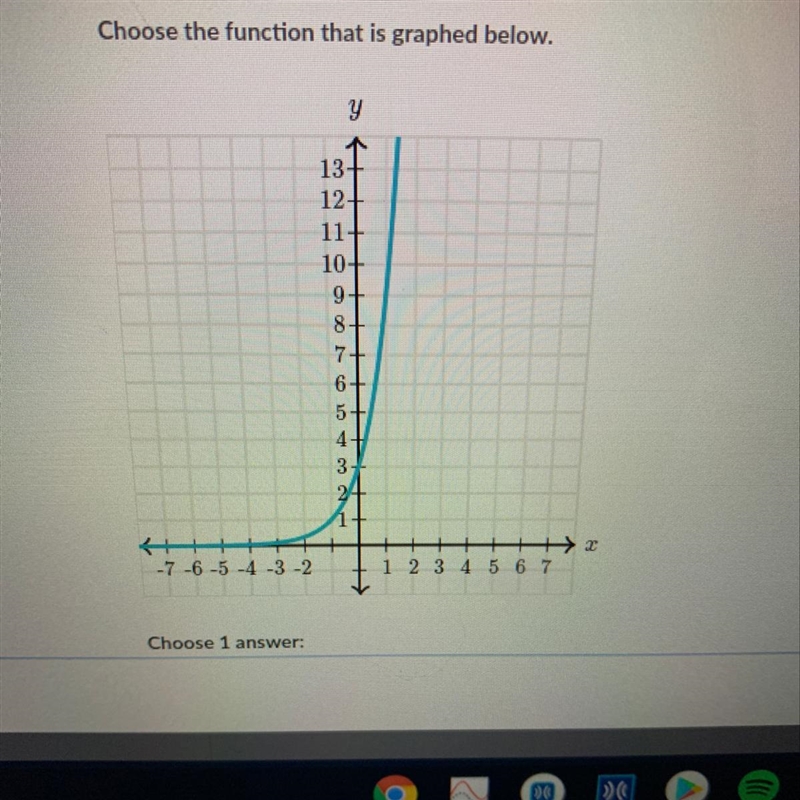 Choose the function that is graphed below A. Y=9^x B. Y=3*3^x C. Y=3^x-example-1