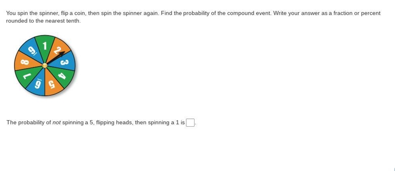 The probability of not spinning a 5, flipping heads, then spinning a 1 is-example-1