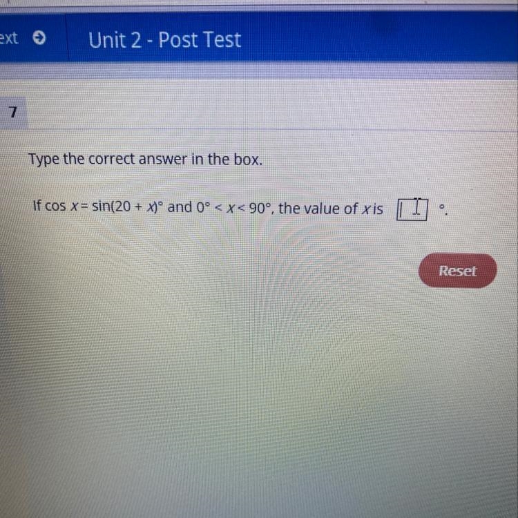 Type the correct answer in the box. If cos x = sin(20 + x3° and 0°-example-1