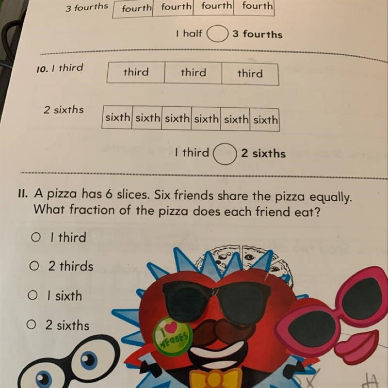 A pizza has 6 slices. Six friends share the pizza equally. What fraction of the pizza-example-1