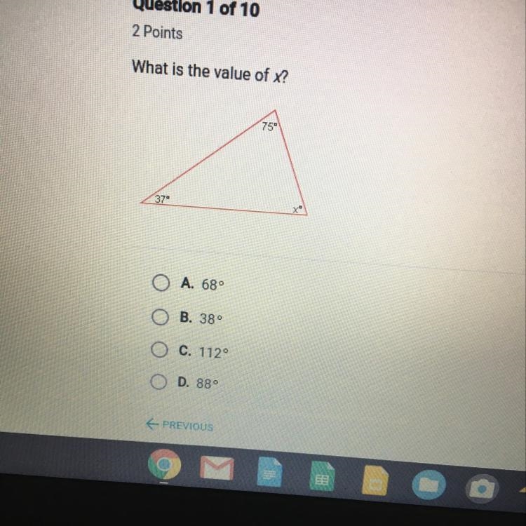 What is the value of x? А. 68° В. 38° с. 1129 D. 88°-example-1