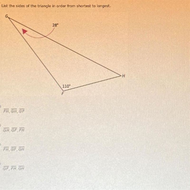 List the sided of the triangle in order from shortest to longest please answer asap-example-1