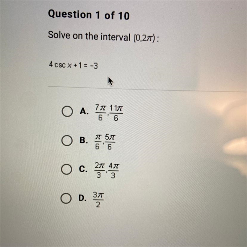 Solve on the interval [0,2pi) 4 CSC x + 1 = -3-example-1