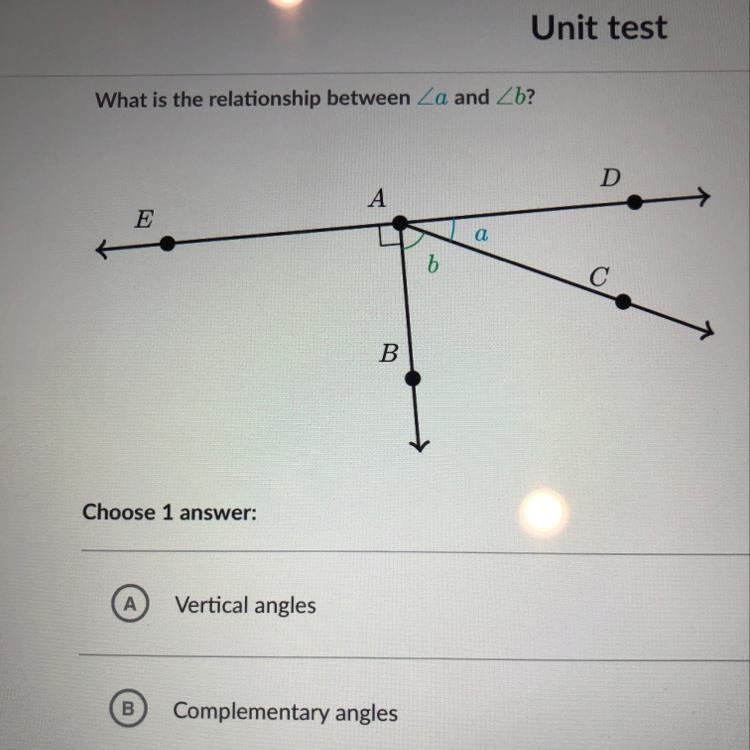 What is the relationship between Za and Zb A- vertical angles B- complementary angles-example-1