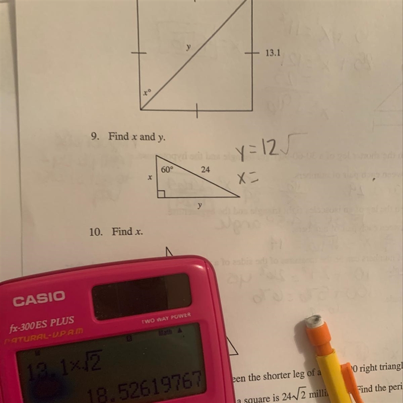 Find x and y on a 30 60 90 triangle number 9-example-1