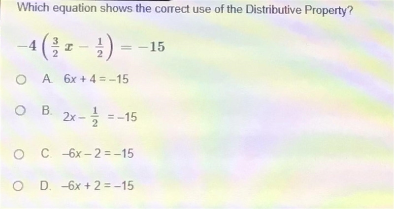 Which equation shows the correct use of the Distributive Property?-example-1