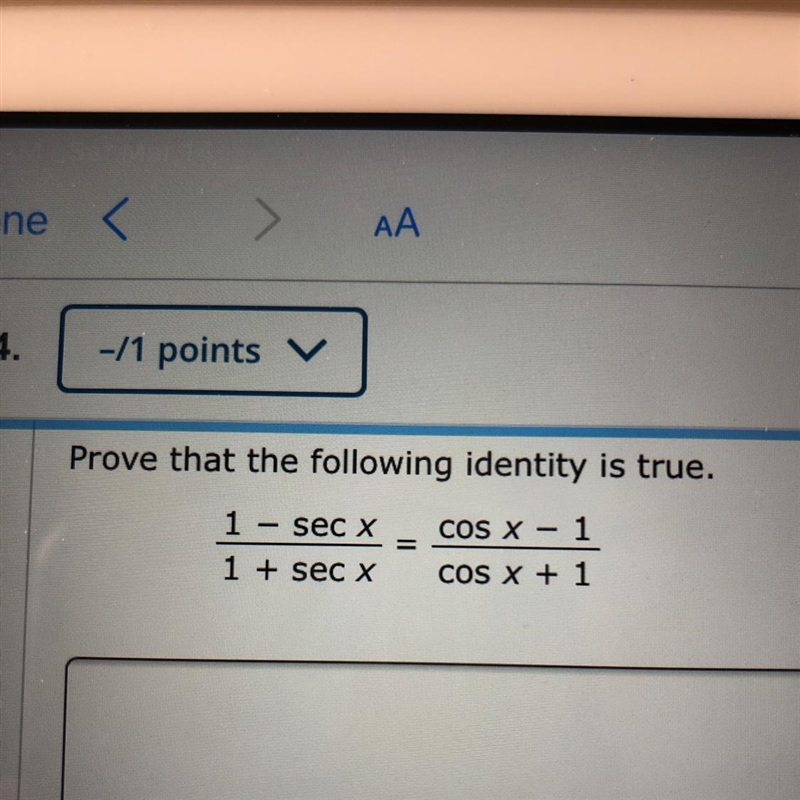 Prove that 1 - sec x/1 + sec x is equal to cos x - 1/cos x + 1-example-1