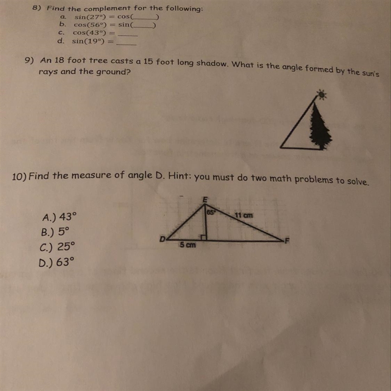 10) Find the measure of angle D. Hint: you must do two math problems to solve 11 cm-example-1