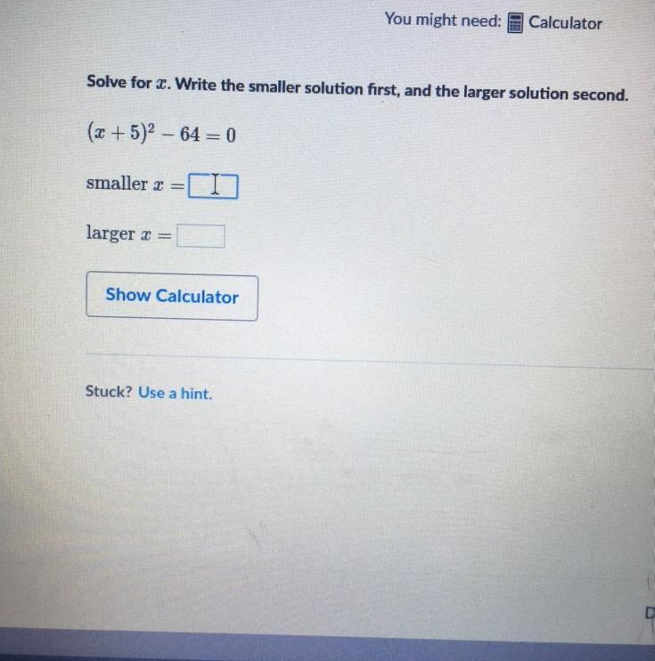 Solve for x. Write the smaller solution first, and the larger solution second. (x-example-1