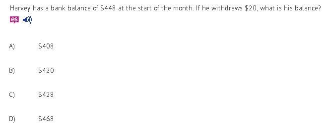 Harvey has a bank balance of $448 at the start of the month. If he withdraws $20, what-example-1