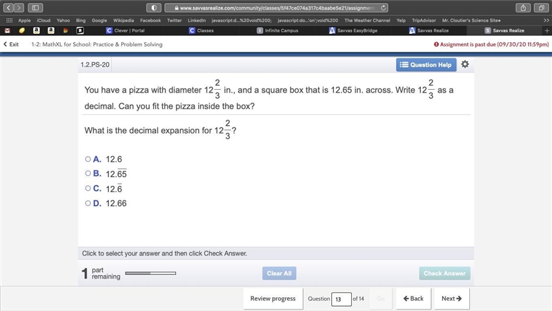 You have a pizza with diameter 12 2 3 in., and a square box that is 12.65 in. across-example-1