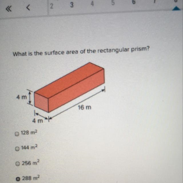 What is the surface area of the rectangular prism? 128 m2 144 m2 256 m2 288 m2-example-1