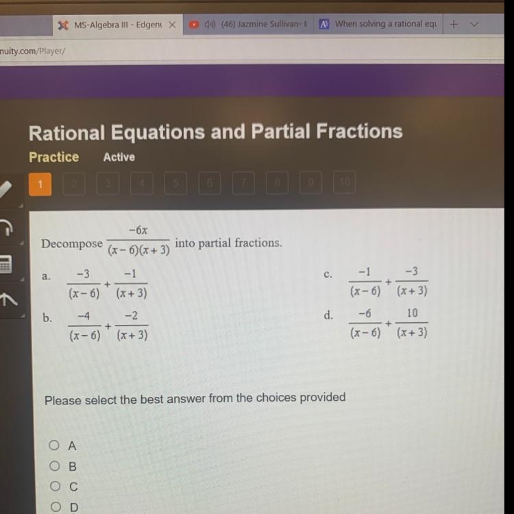 Decompose -6x/(x-6)(x+3) into partial fractions.-example-1