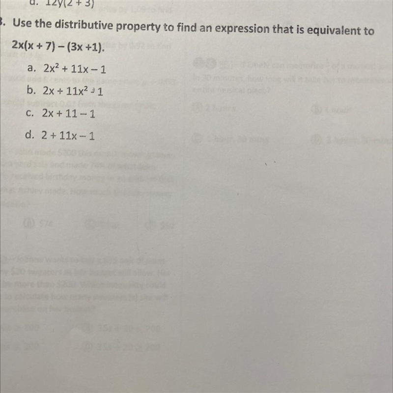 Use the distributive property to find an expression that is equivalent to 2x(x + 7)-(3x-example-1