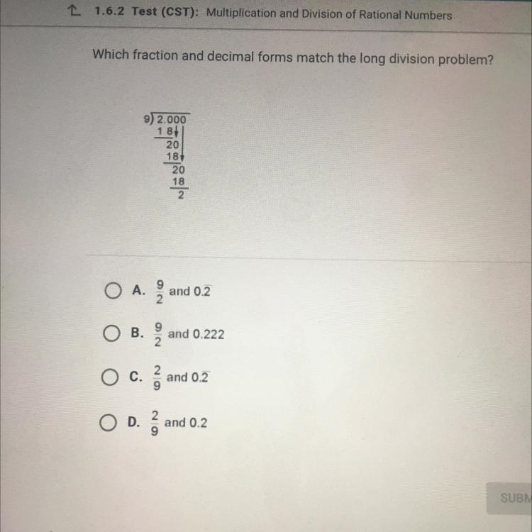 PLEASE HELP !! Which fraction and decimal forms match the long division problem?-example-1