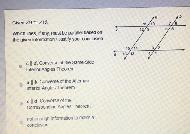 Given 29 2 Z13. 11 10 7/6 12/9 8/5 Which lines, if any, must be parallel based on-example-1