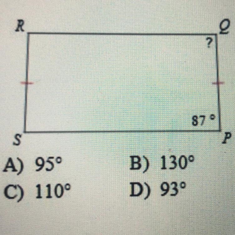 Find the measurement of the angle indicated for the trapezoid. A) 95 C) 110° B) 130° D-example-1