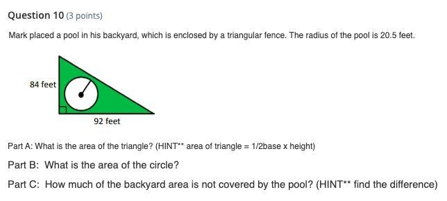 Mark placed a pool in his backyard, which is enclosed by a triangular fence. The radius-example-1