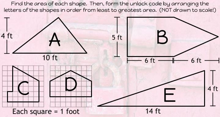 I NEED HELP BEFORE 10:00 A.M! Find the area of each shape. Then, form the unlock code-example-1