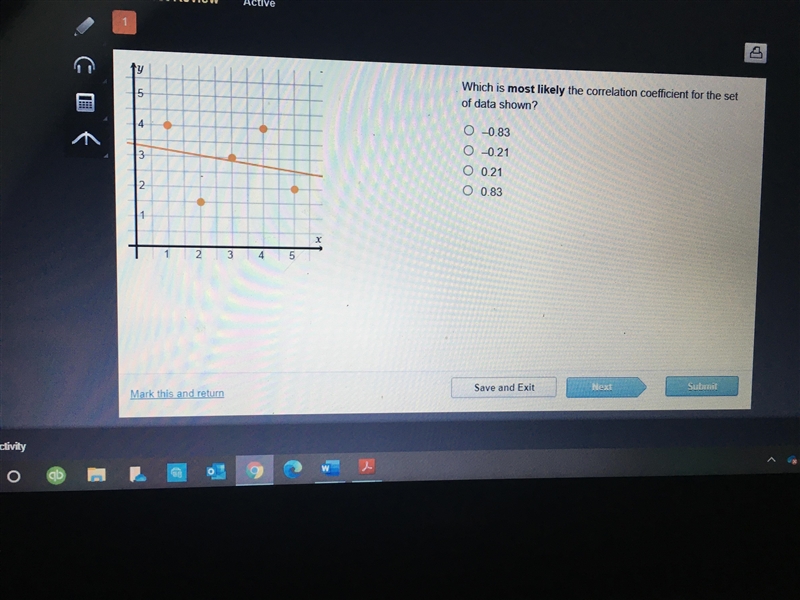 What is most likely the correlation coefficient for the set of data shown? -0.83 -0.21 0.21 0.83-example-1